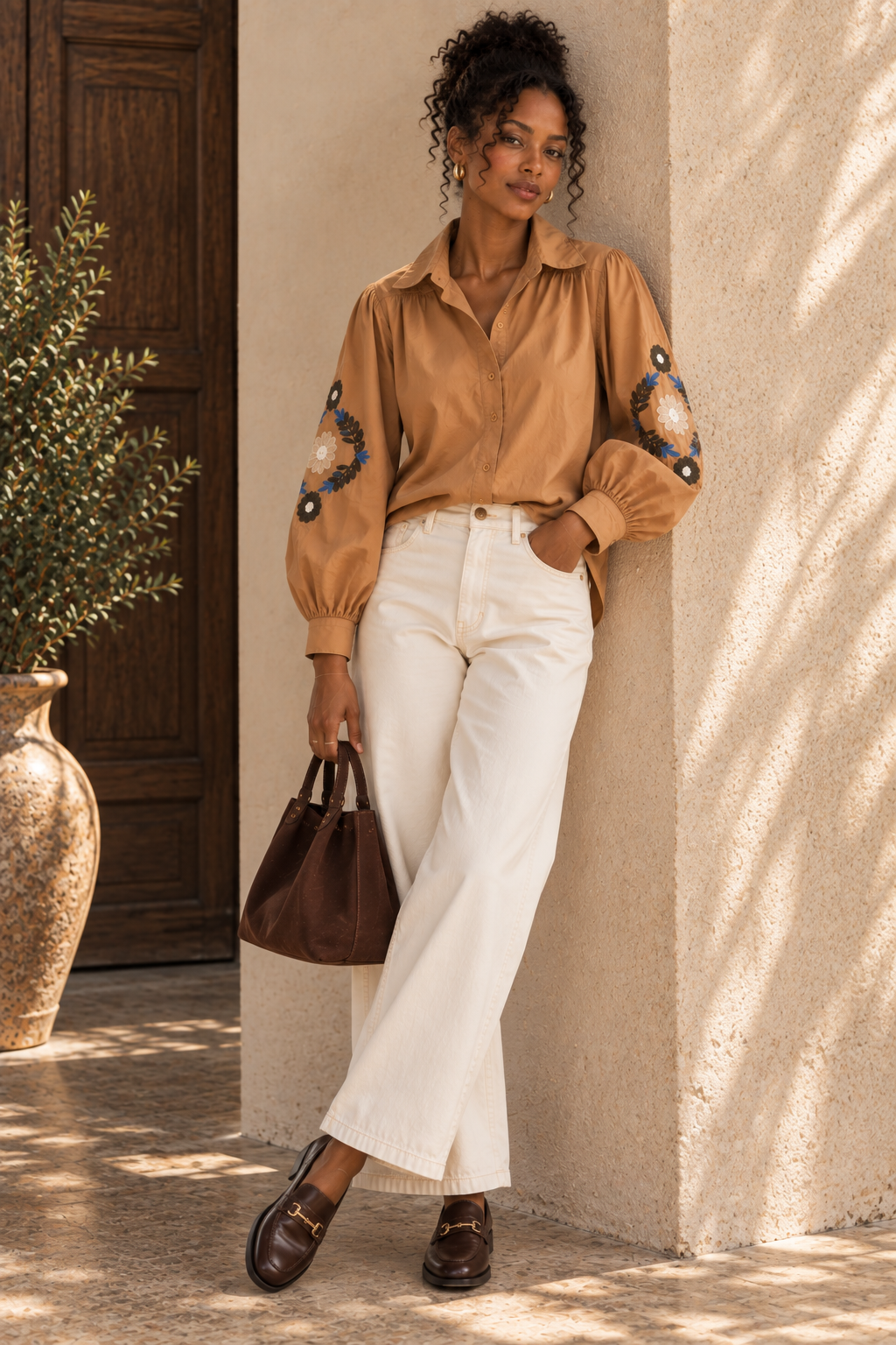 Chemise Manches Longues Camel Brodée LOUNAE