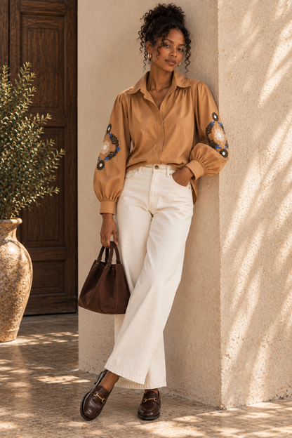 Chemise Manches Longues Camel Brodée LOUNAE