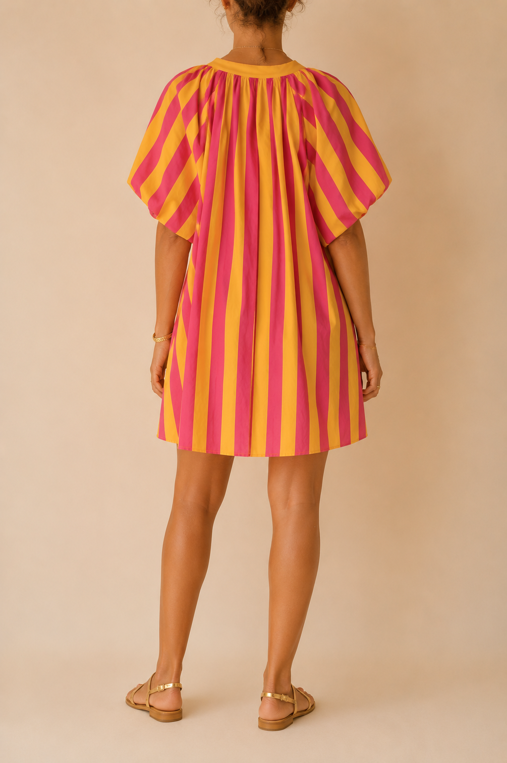 Robe jaune et rose rayée mi-longue LOUNAE