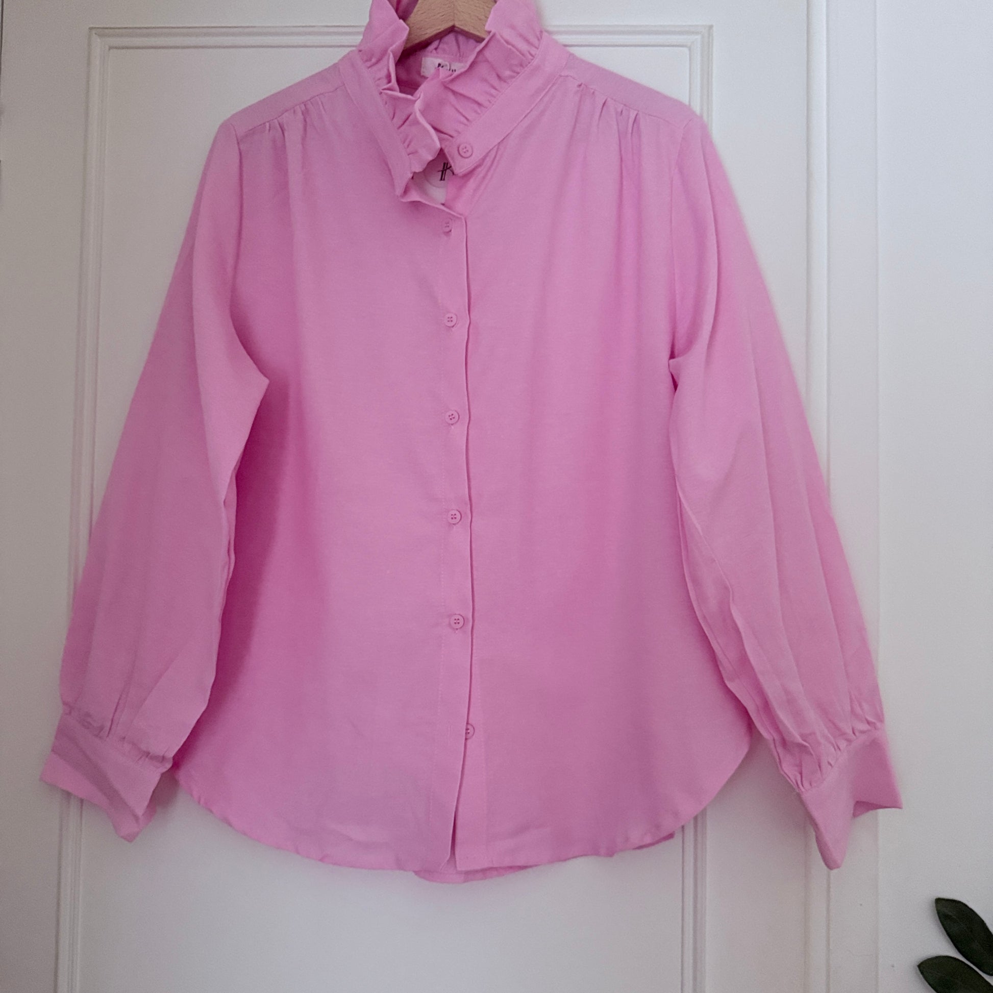 Chemise rose manches longues col à volants en coton LOUNAE