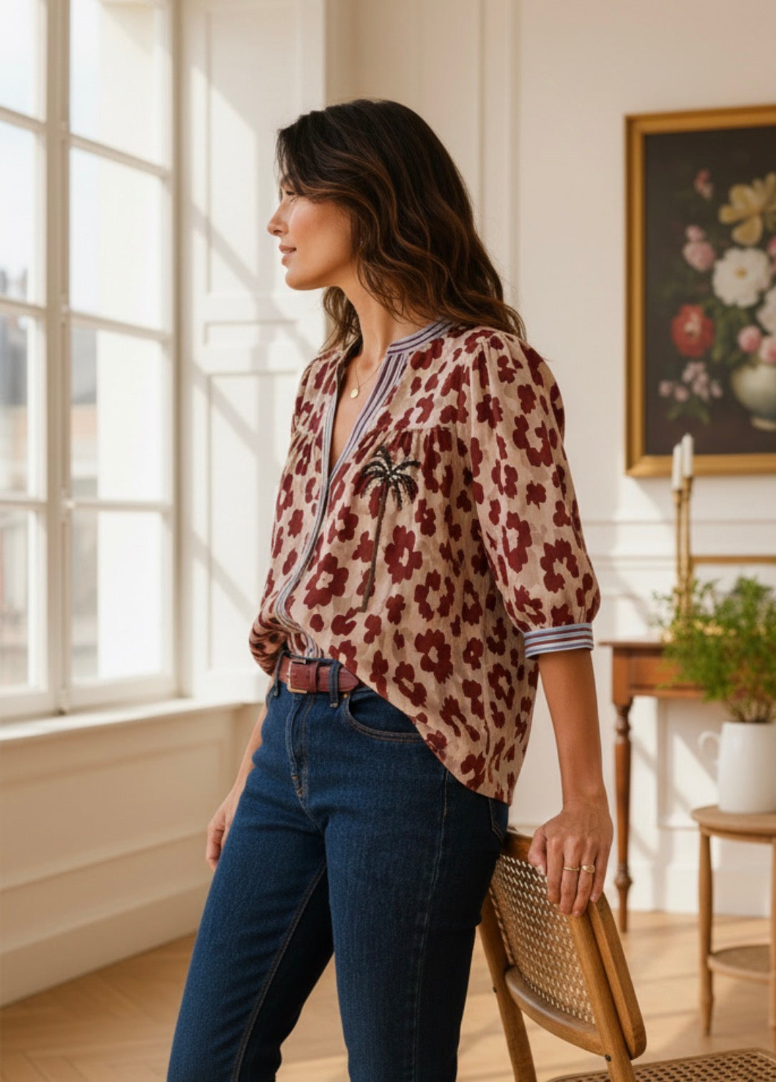 Blouse manches ballon beige et bordeaux LOUNAE
