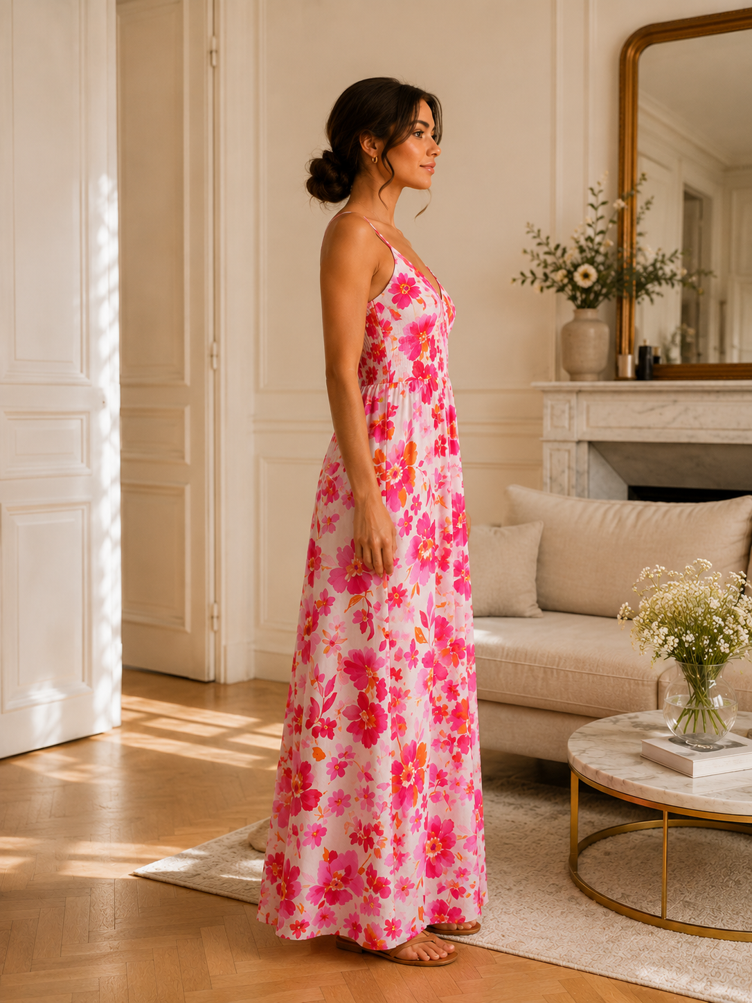 Robe longue multicolore fleurie dos smocké LOUNAE