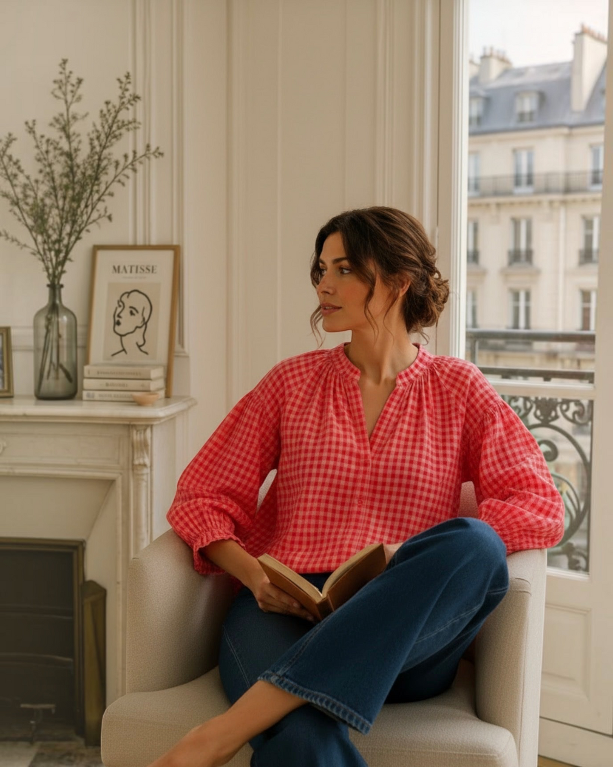 Blouse vichy corail et rose LOUNAE