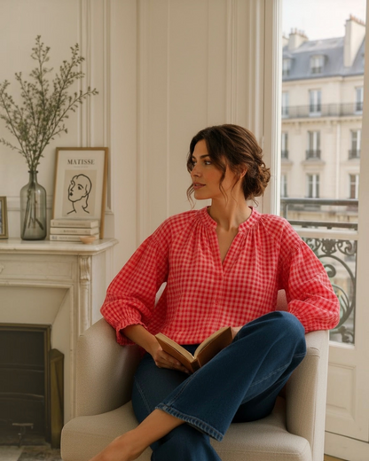 Blouse vichy corail et rose LOUNAE