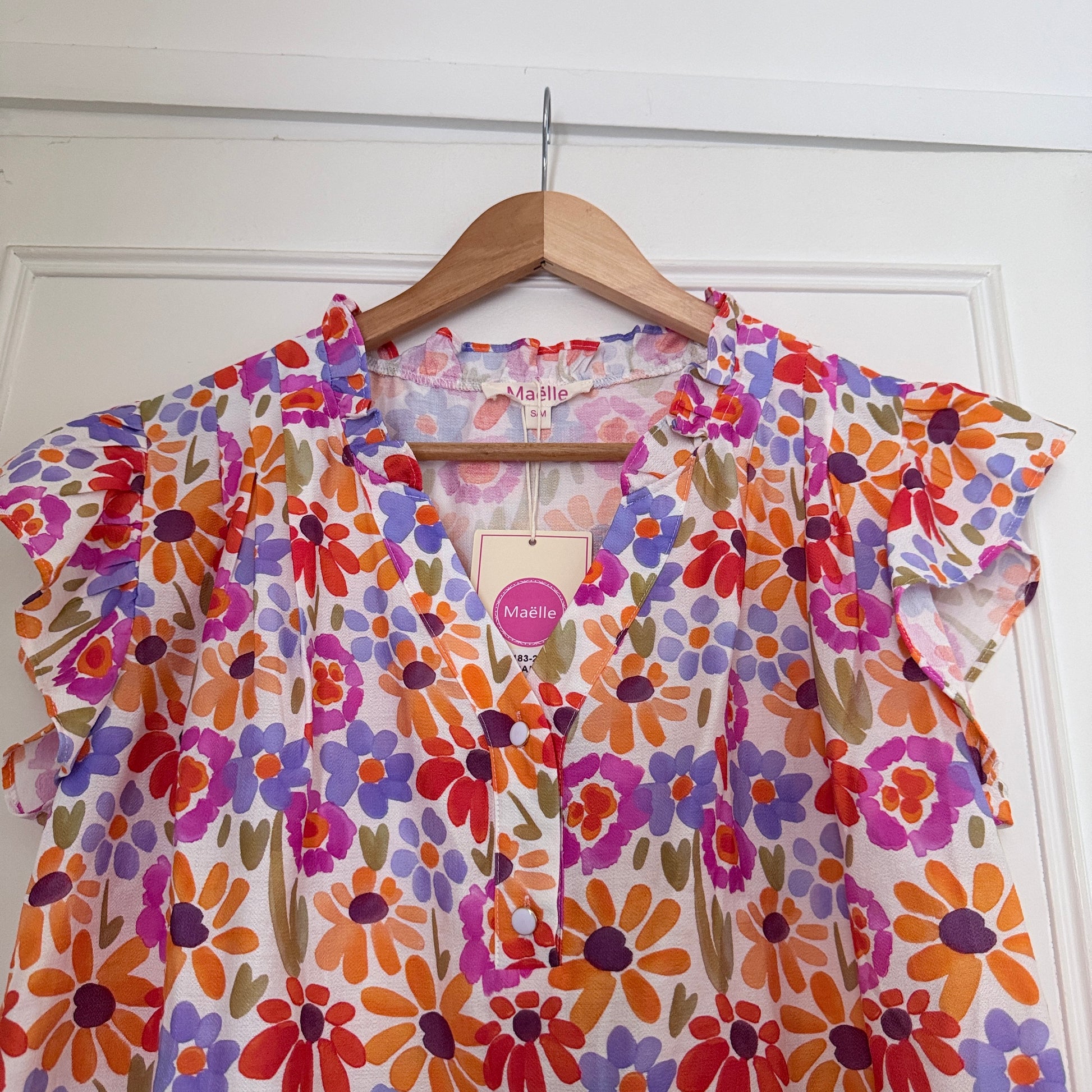 Blouse fleurie multicolore col V manches volantes LOUNAE
