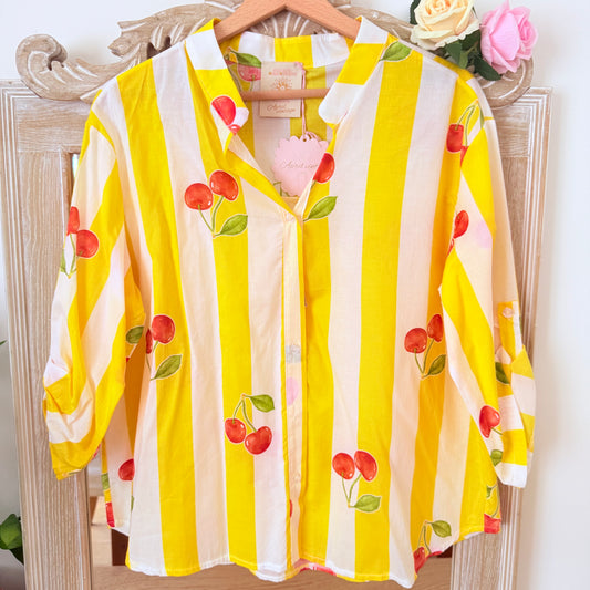 Chemise rayée jaune à cerises en coton – April Vintage