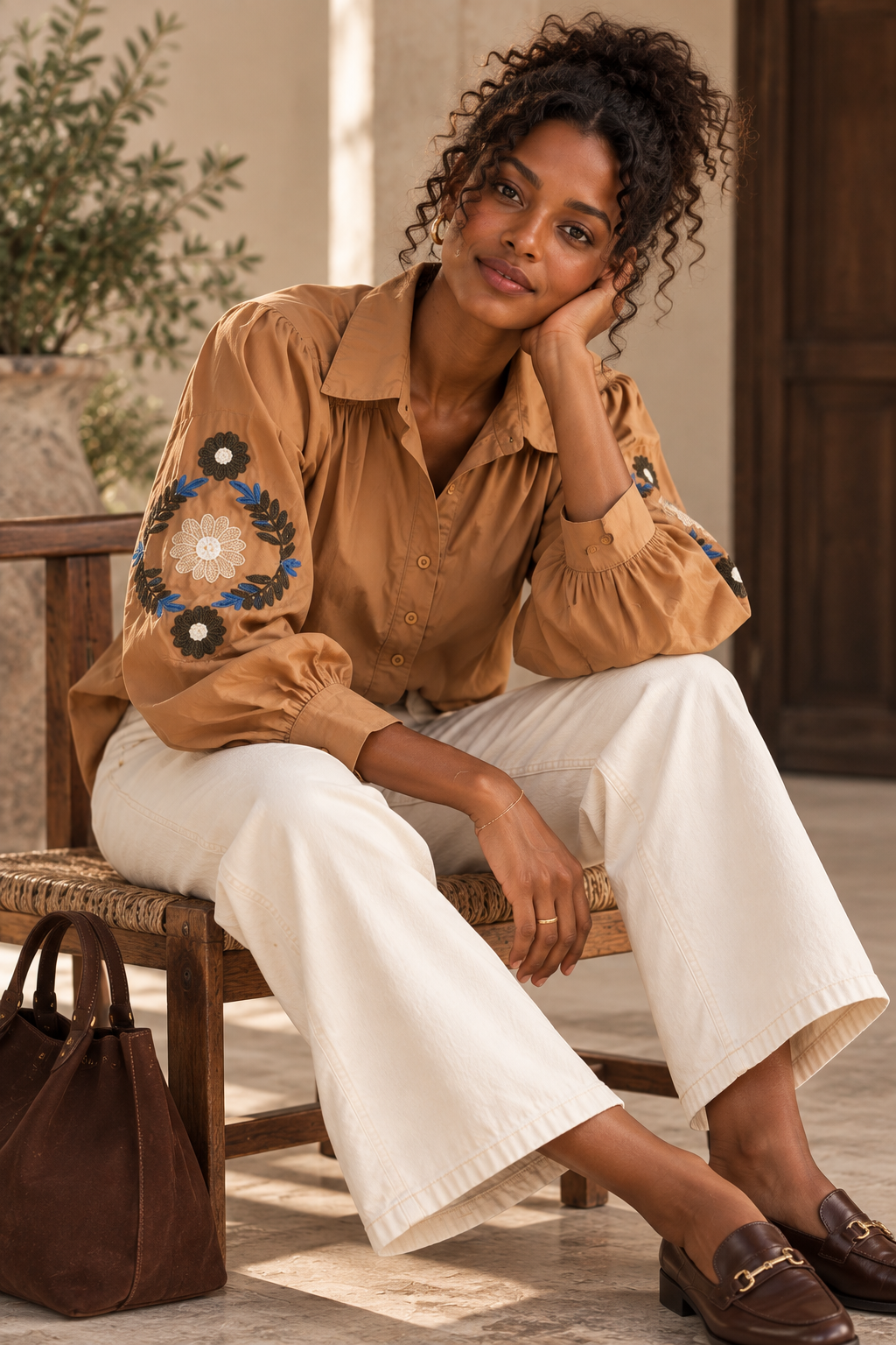 Chemise Manches Longues Camel Brodée LOUNAE
