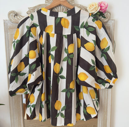 Chemise rayée imprimé citrons noire et blanche manches ballon – Taille unique LOUNAE