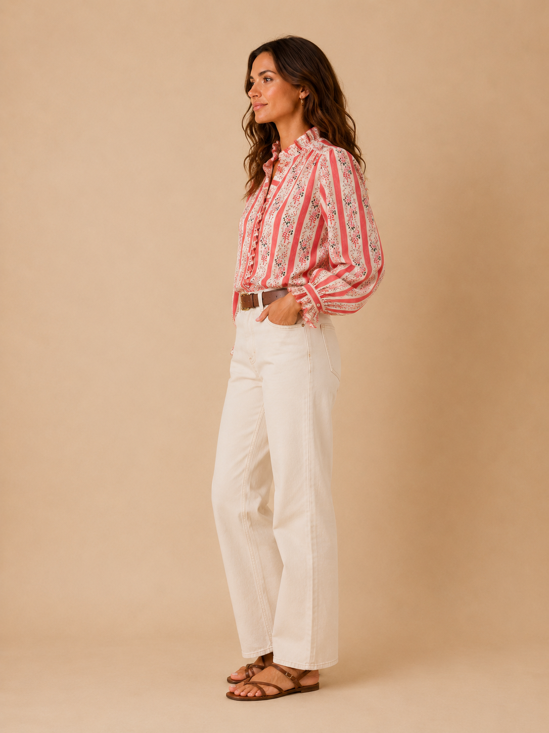 Chemise fleurie corail manches longues LOUNAE
