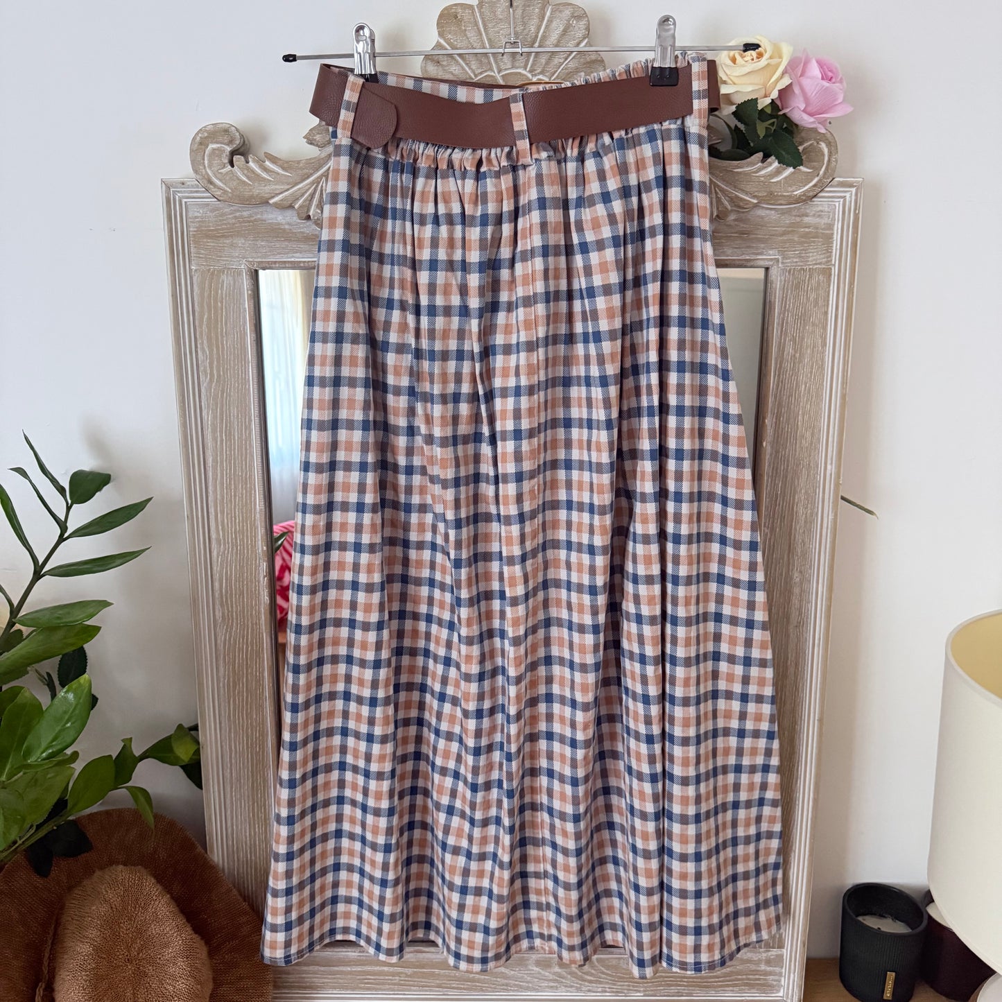 Langer karierter Rock Camel Blau - Carla Giannini