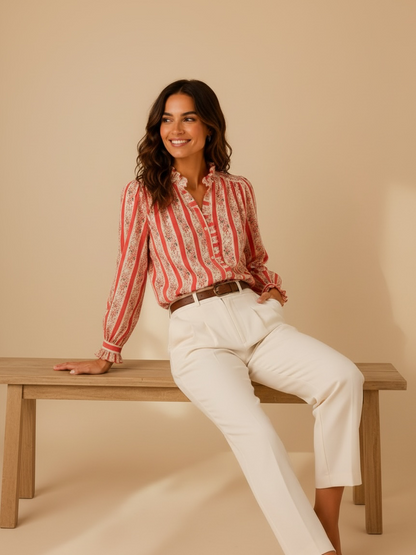 Chemise fleurie corail manches longues LOUNAE