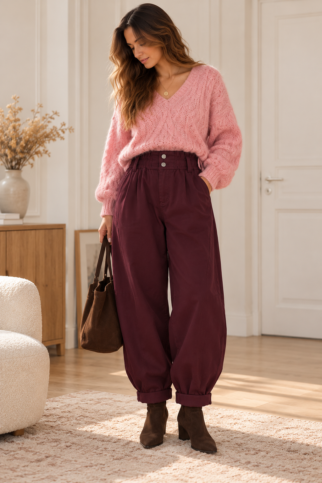 Pantalon Alba Barrel Couleur Prune en Coton LOUNAE