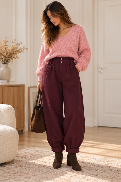 Pantalon Alba Barrel Couleur Prune en Coton LOUNAE