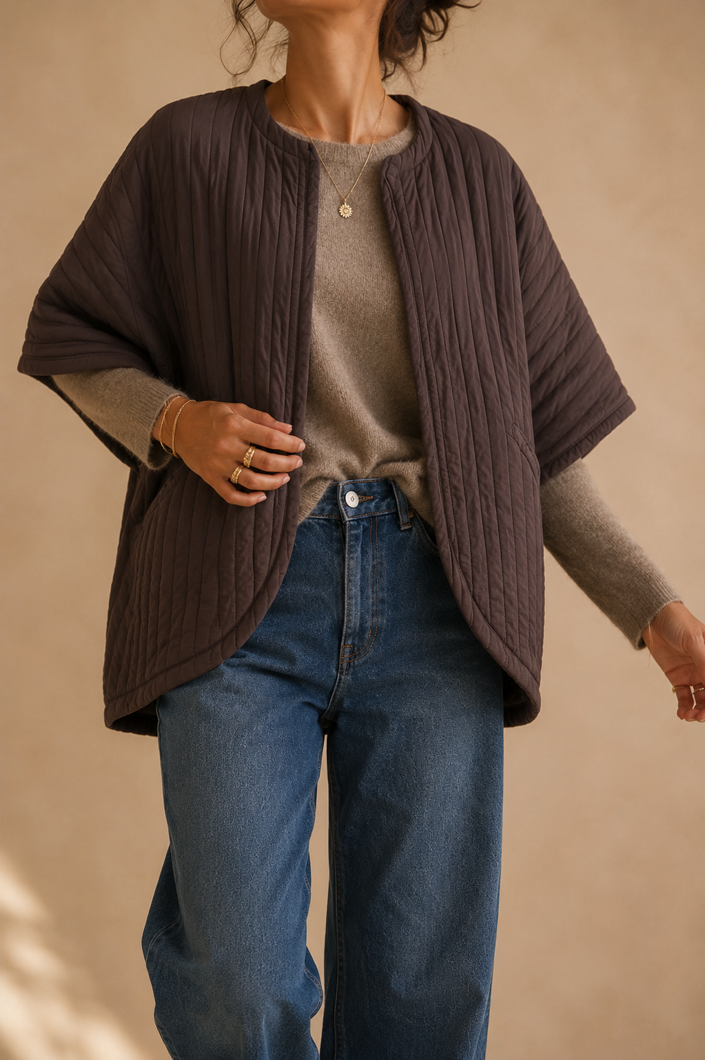 Veste kimono manches courtes marron en coton LOUNAE