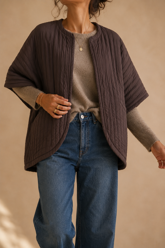 Veste kimono manches courtes marron en coton LOUNAE
