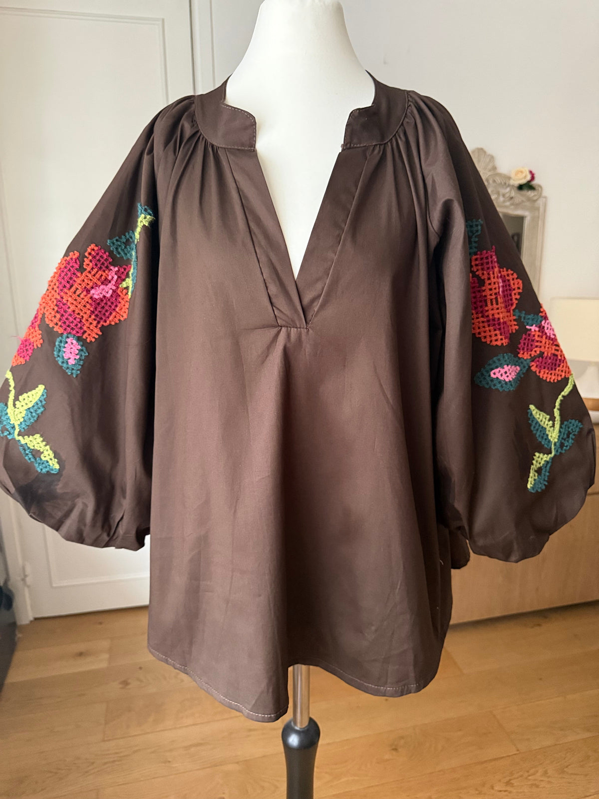 Blouse bohème marron manches ballon LOUNAE