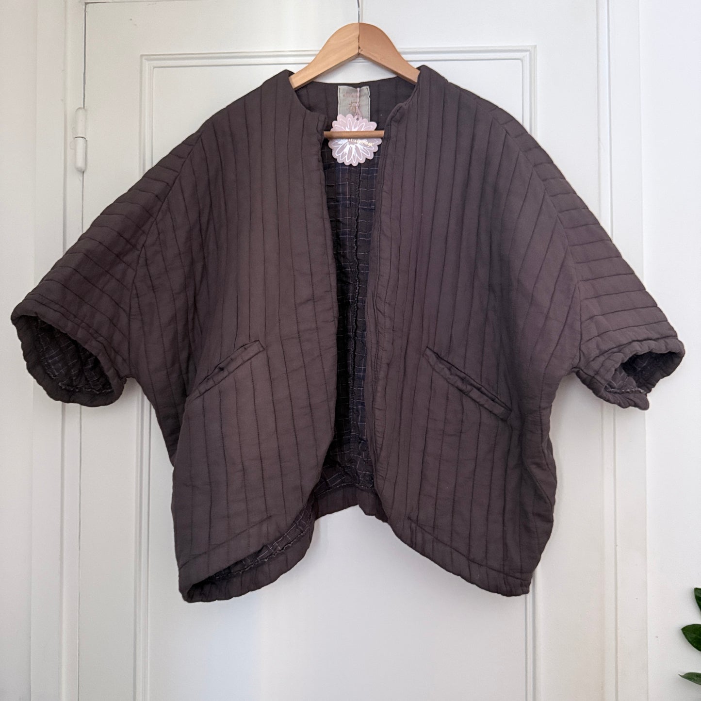 Veste kimono manches courtes marron en coton LOUNAE