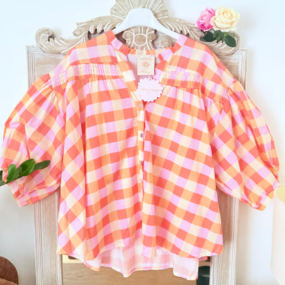 Blouse rose et orange à carreaux en coton LOUNAE