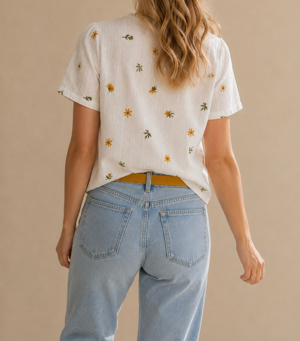 Blouse blanche broderie fleurs - Maëlle