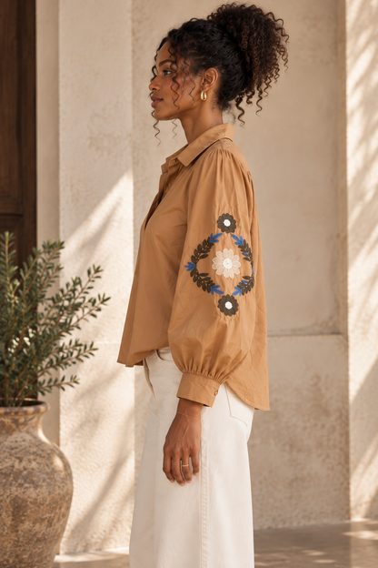 Chemise Manches Longues Camel Brodée LOUNAE