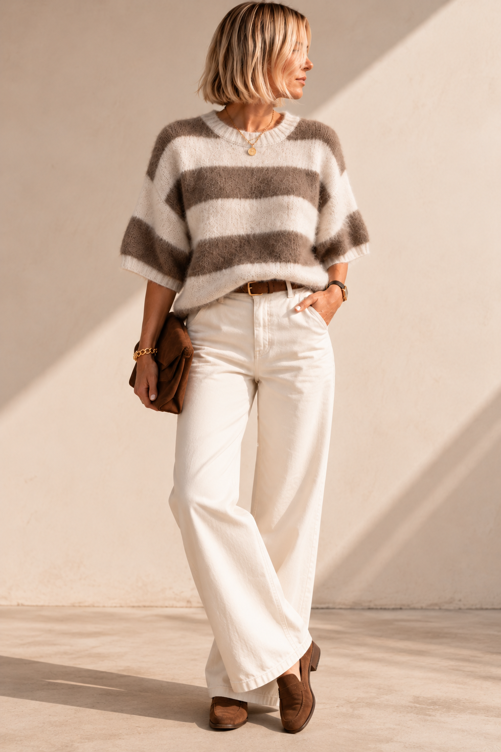 Pull Louise Duveteux Rayé Beige et Écru LOUNAE