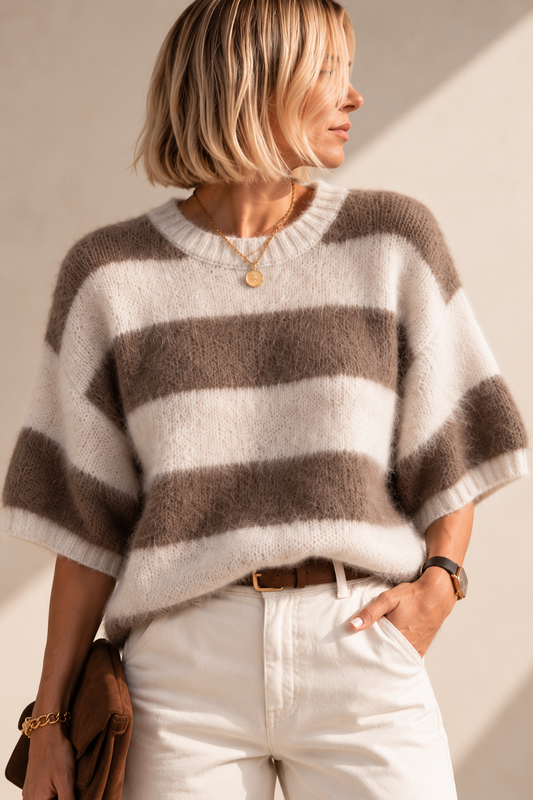 Pull Louise Duveteux Rayé Beige et Écru LOUNAE