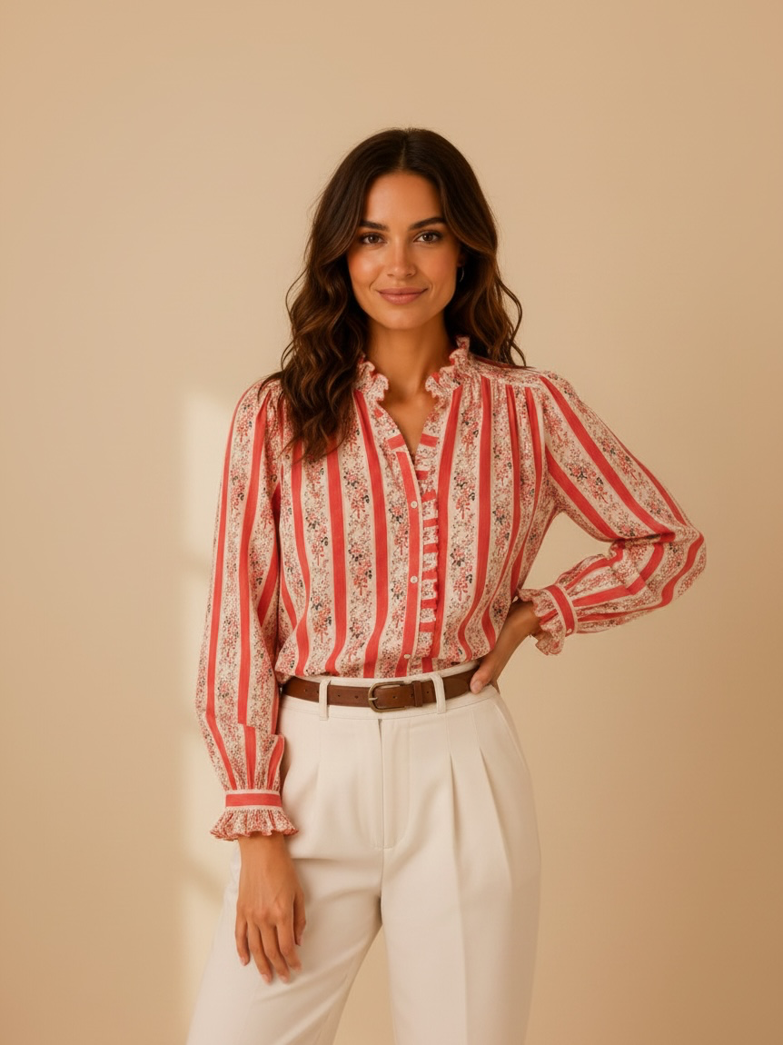 Chemise fleurie corail manches longues LOUNAE