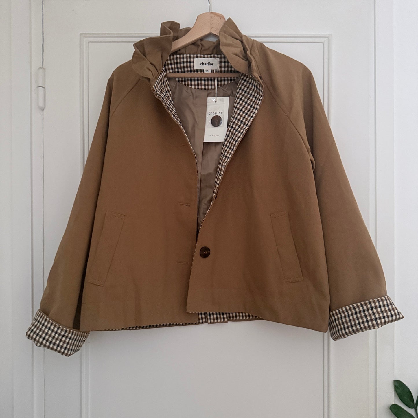 Trench court beige carreaux en coton