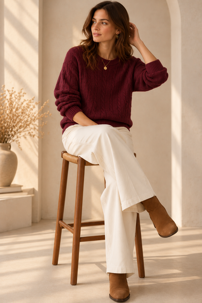 Pull Léa torsadé col rond aubergine LOUNAE