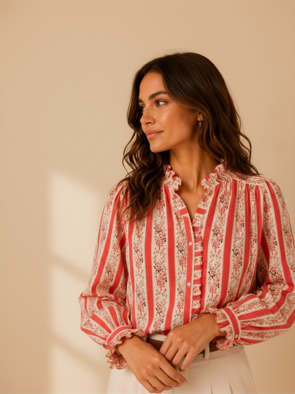 Chemise fleurie corail manches longues LOUNAE