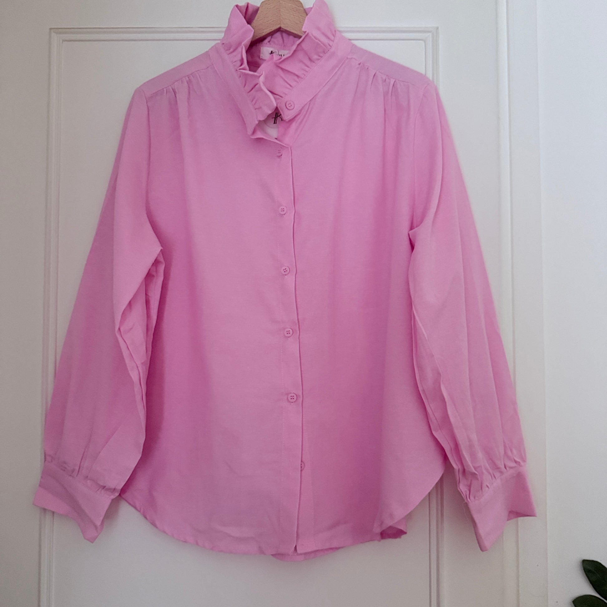 Chemise rose manches longues col à volants en coton LOUNAE