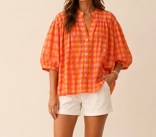 Chemise oversize orange et rose demi-manches ballon – Taille unique LOUNAE