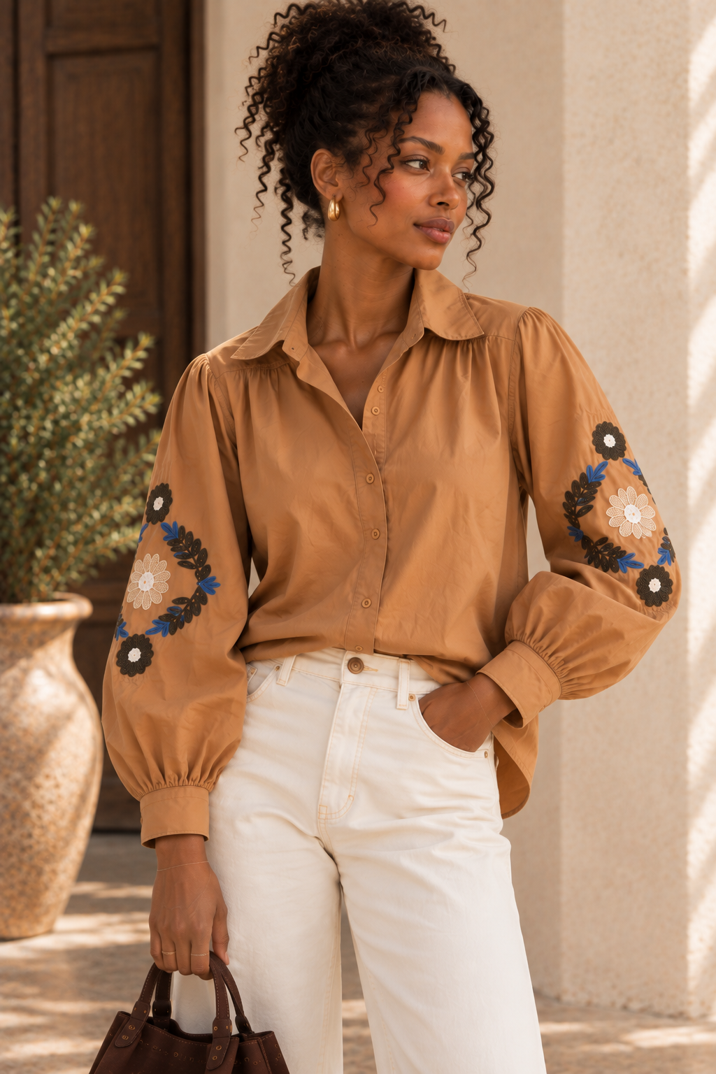 Chemise Manches Longues Camel Brodée LOUNAE