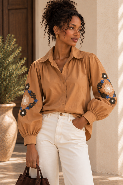 Chemise Manches Longues Camel Brodée LOUNAE