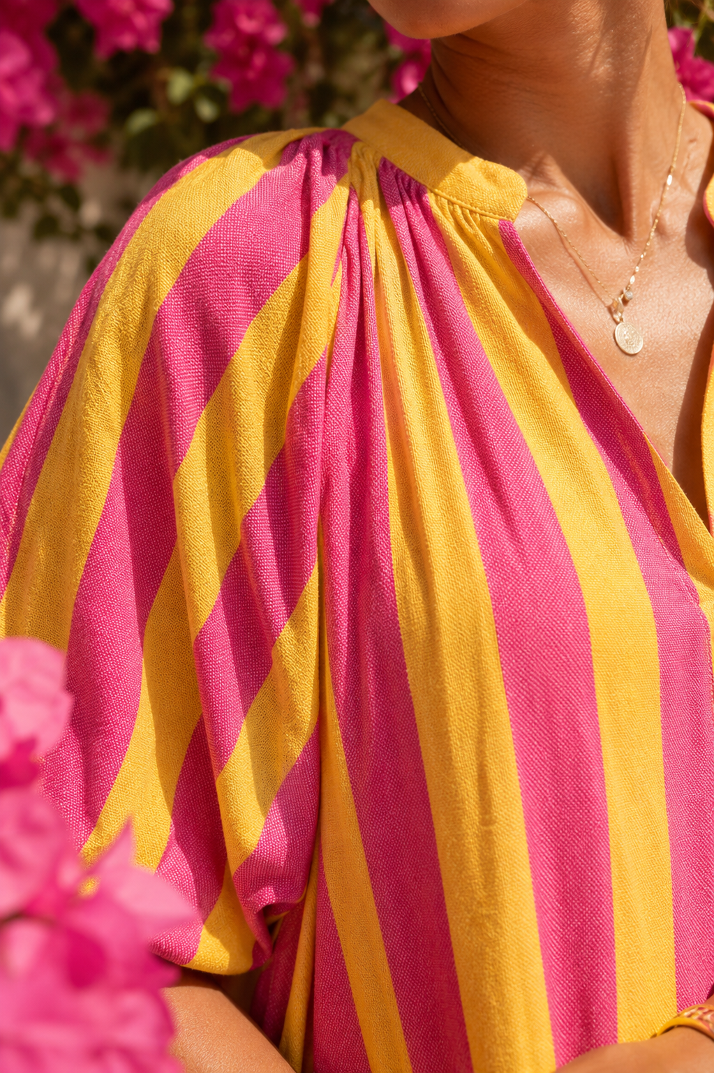 Robe jaune et rose rayée mi-longue LOUNAE