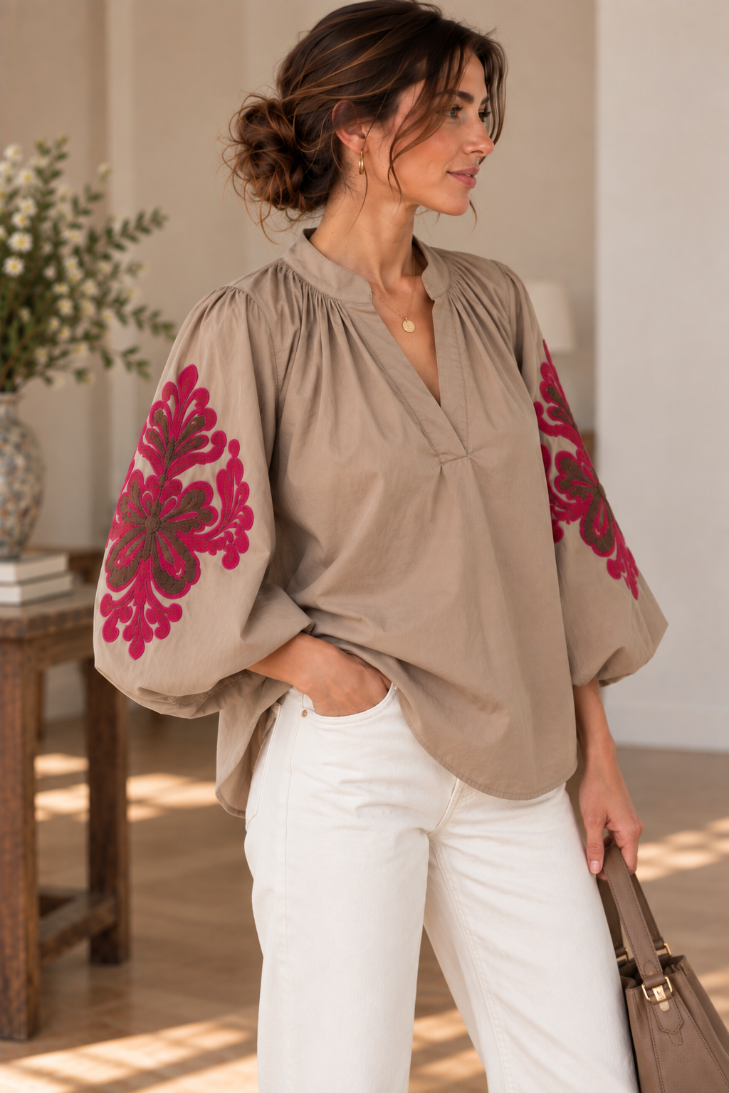 Blouse bohème Taupe manches ballon LOUNAE
