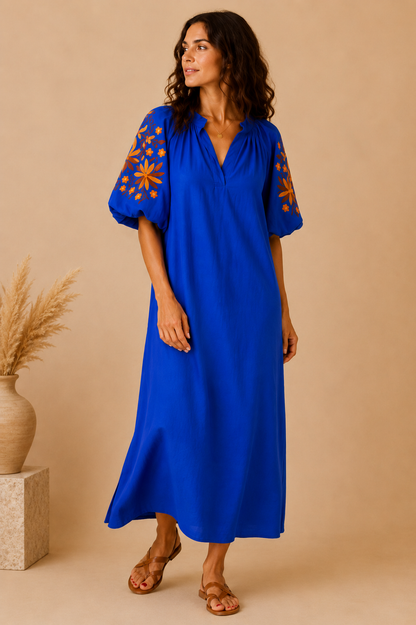 Robe longue bohème bleu roi brodée LOUNAE