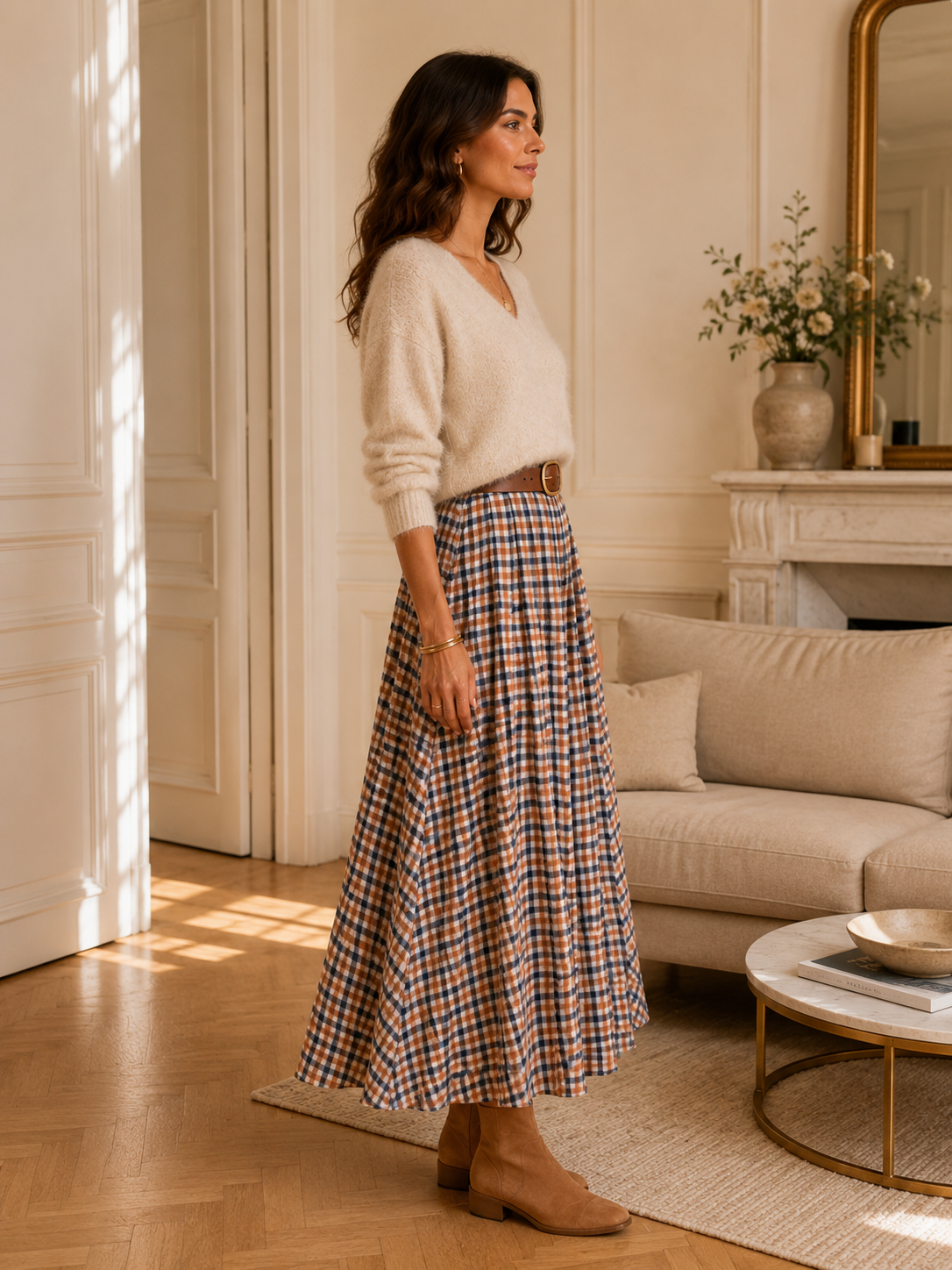 Jupe longue camel & bleue en coton LOUNAE