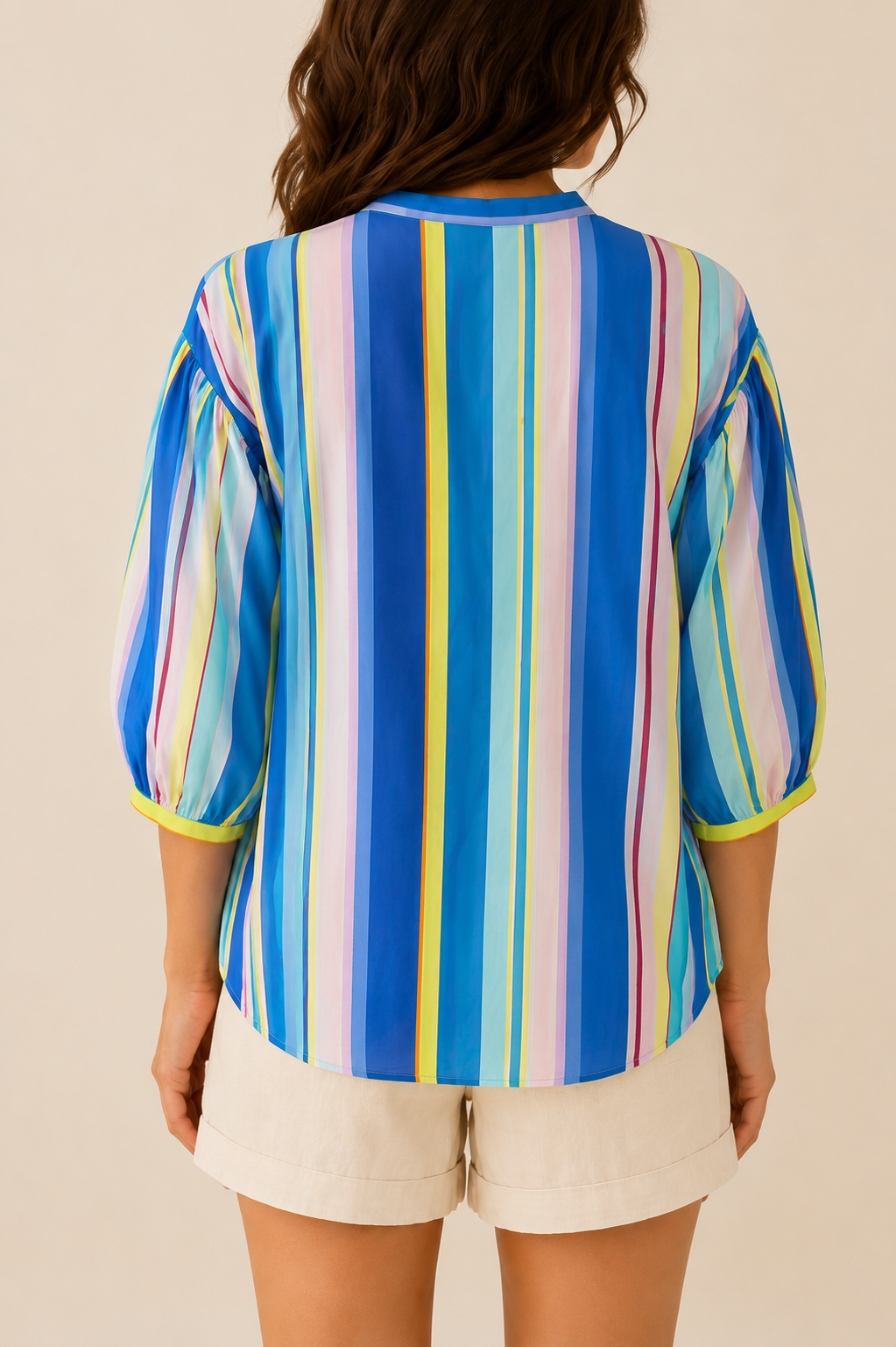 Blouse bleue et multicolore rayée LOUNAE