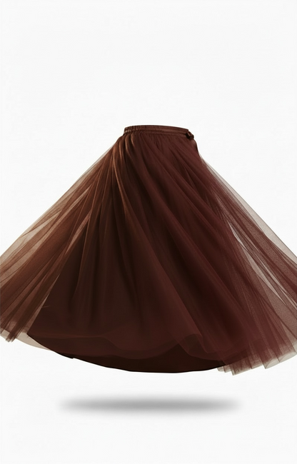 Jupe longue unie chocolat en tulle LOUNAE
