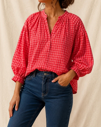 Blouse vichy corail et rose LOUNAE