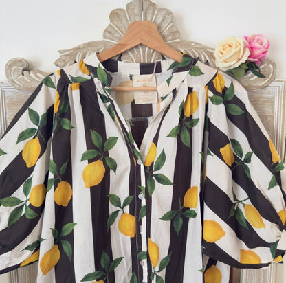 Chemise rayée imprimé citrons noire et blanche manches ballon – Taille unique LOUNAE