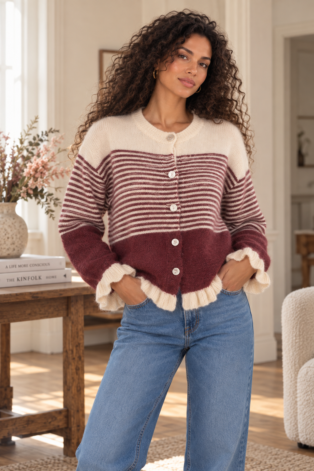 Cardigan Rayé beige et Bordeaux LOUNAE
