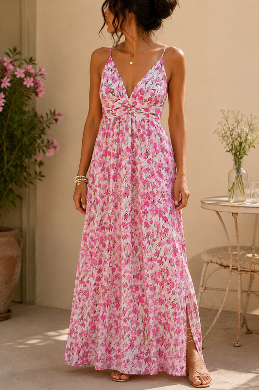 Robe longue rose fleurie en viscose LOUNAE