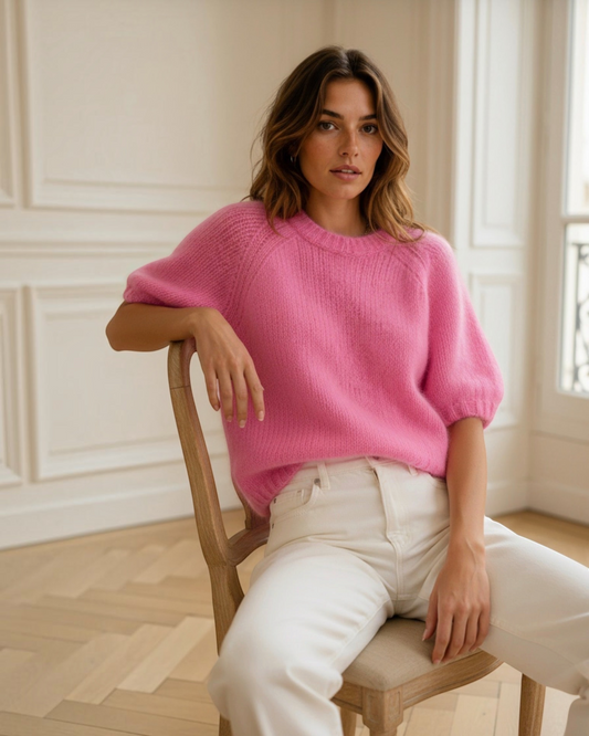Pull rose manches courtes 80% kid mohair - Made in Italy LOUNAE
