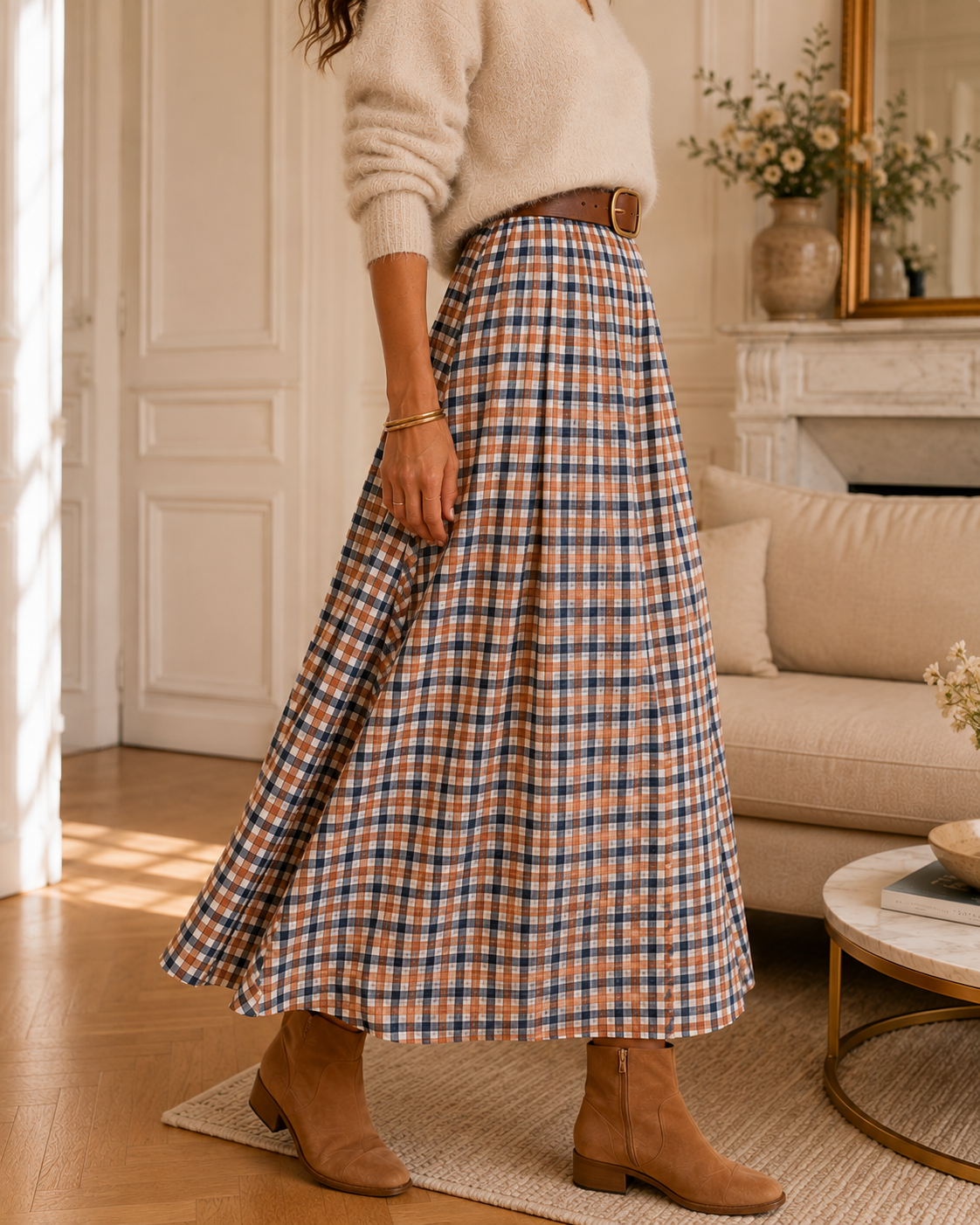 Jupe longue camel & bleue en coton LOUNAE