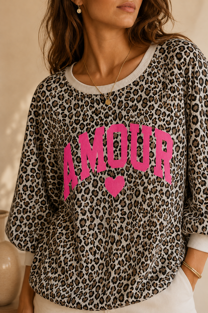 Sweat beige léopard manches trois quarts logo amour taille unique LOUNAE
