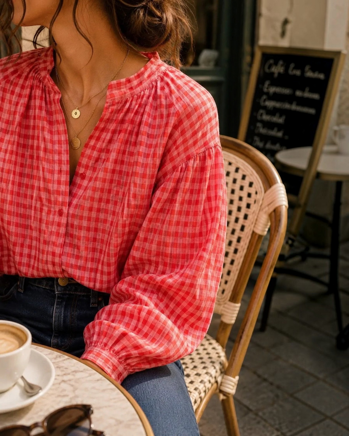 Blouse vichy corail et rose LOUNAE