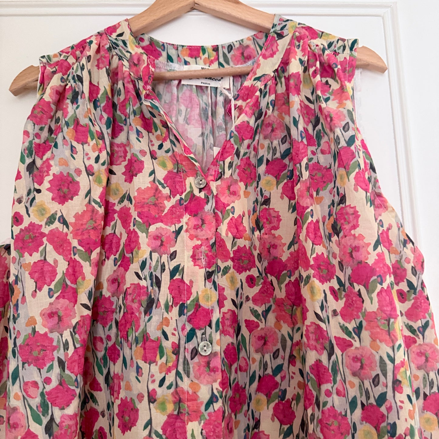 Blouse beige et rose fleurie en coton LOUNAE