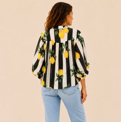 Chemise rayée imprimé citrons noire et blanche manches ballon – Taille unique LOUNAE